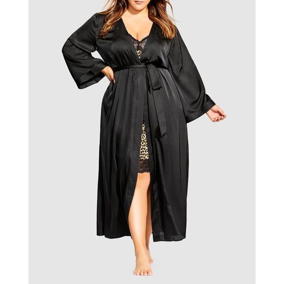 Fox & Royal City Chic Long Black Satin Robe Classic Minimalist Plus Size 18 M - Picture 1 of 15